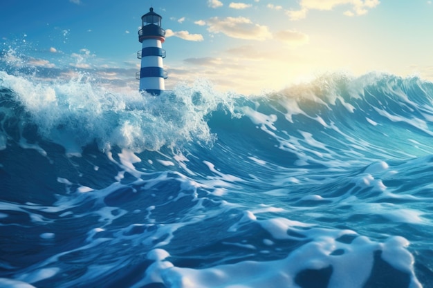 A dramatic image of a lighthouse perched on top of a crashing wave Perfect for marine and coastal themes