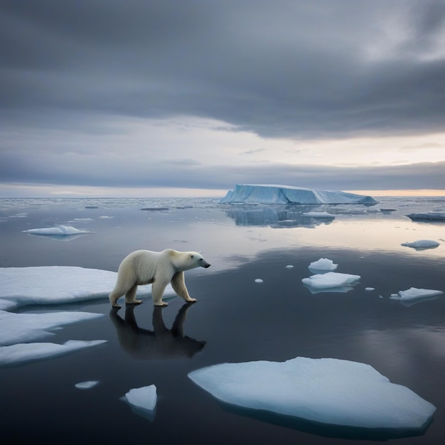 A dramatic image of a small island of ice floating in the Arctic ocean with a lone polar bear stand