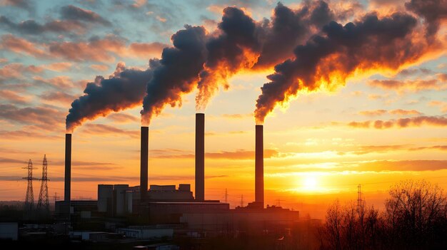 Dramatic industrial skyline at sunset with emissions from factory stacks representing environmental