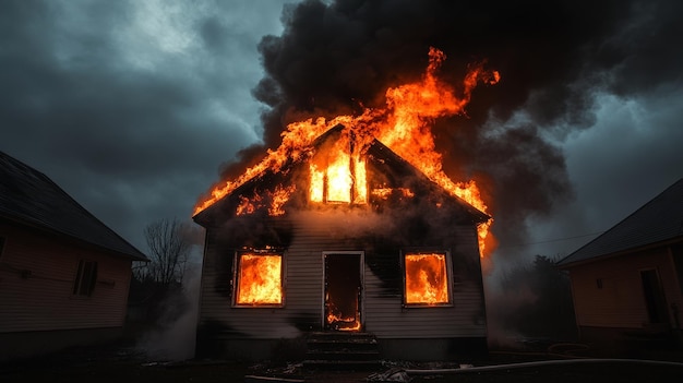 Photo a dramatic and intense image of a house engulfed in flames symbolizing loss destruction chao