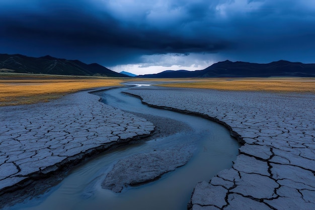 A dramatic landscape featuring a cracked earth surface with a meandering water stream under a moody sky