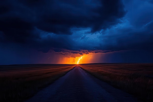 Dramatic landscape featuring vibrant lightning against a dark stormy sky illuminating a horizon filled with distant fields