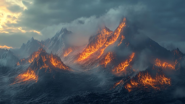 Photo dramatic landscape of a fiery mountain range with clouds and snow