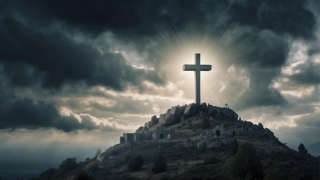 Dramatic landscape with crosses on a hill under a stormy sky