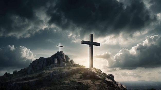 Dramatic landscape with crosses on a hill under a stormy sky