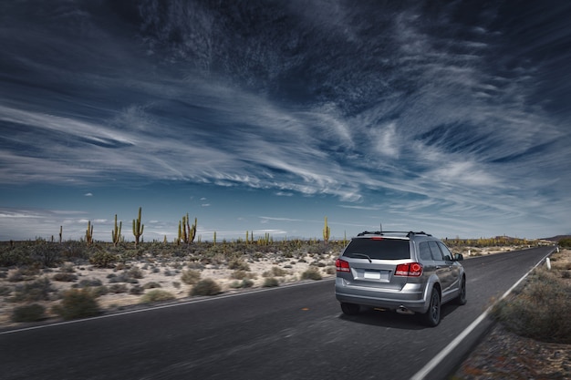 Dramatic landscape with a road through a mexican desert at San Ignacio, Baja California, Mexico