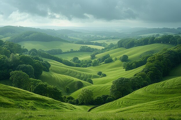 Photo dramatic landscape with rolling hills and brooding clouds