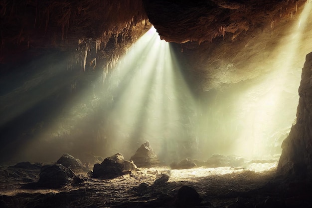 Dramatic light in dark cave landscape mysterious and surreal digital art style