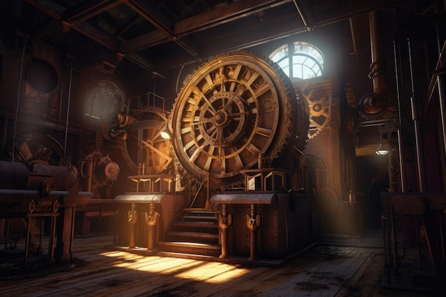 Dramatic lighting on clockwork machinery created with generative ai