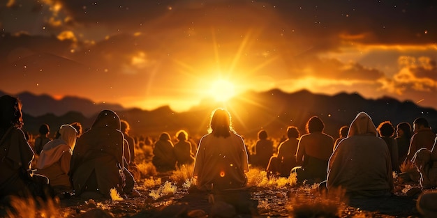 Dramatic lighting illuminates Jesus praying at night in a desert setting after his resurrection surrounded by his followers Concept Spirituality Jesus Resurrection Prayer Illumination