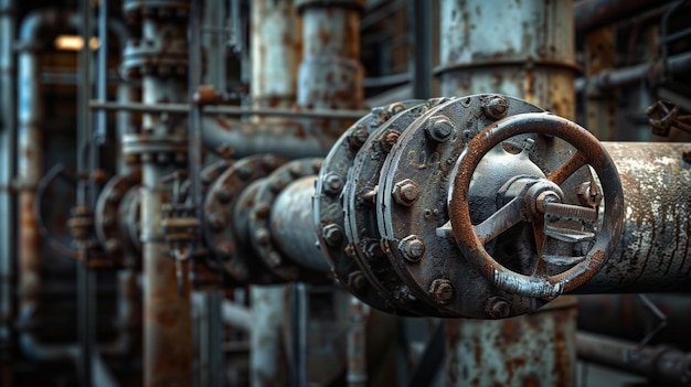 Dramatic lighting on a series of steel pipelines and valves emphasizing the textures and metallic sheen in a factory setting