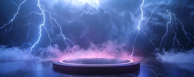 Dramatic lightning storm over a futuristic podium with ethereal mist