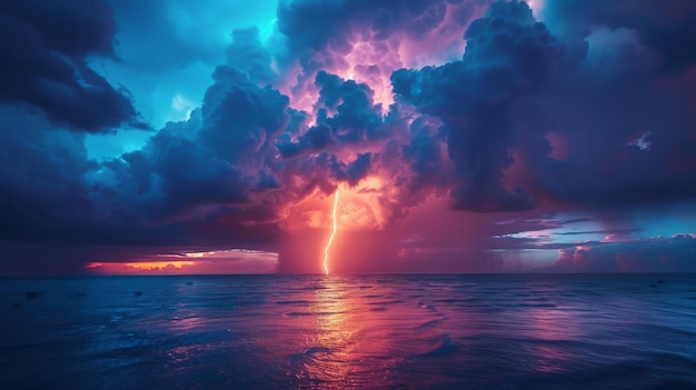 Photo dramatic lightning strike over a stormy sea with vibrant pink and blue hues in the clouds