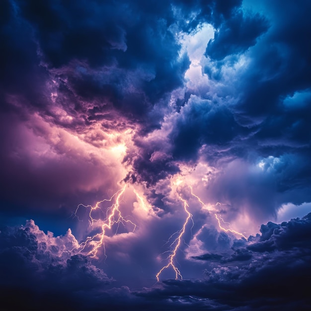 Photo dramatic lightning strikes illuminate a dark stormy sky above a rural landscape