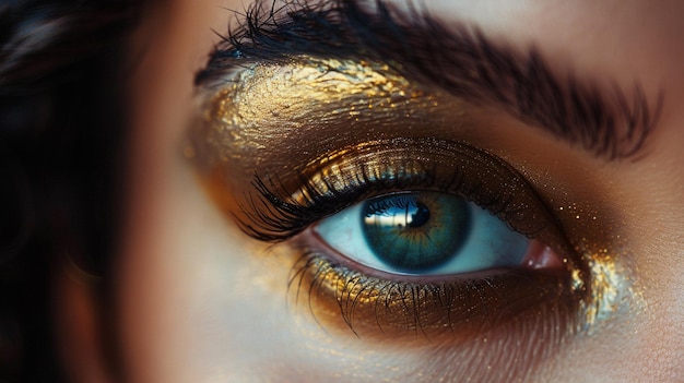 Dramatic Makeup CloseUp with Gold Glitter Eye Makeup