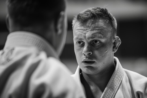 Photo dramatic moment between judo coach and athlete before crucial olympic match