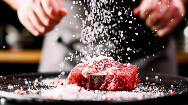 Photo the dramatic moment of seasoning a perfect cut of meat with flecks of salt and pepper adding texture and flavor ideal for a menu visual