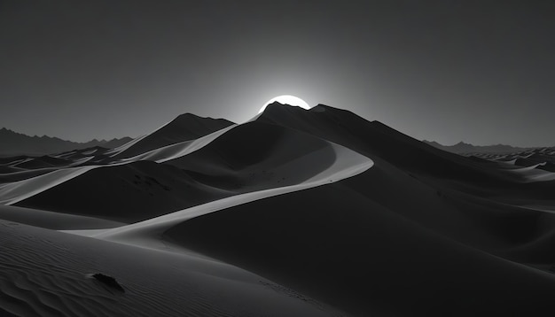 Photo a dramatic monochrome landscape of vast desert sand dunes under a cloudy sky with distant mountains