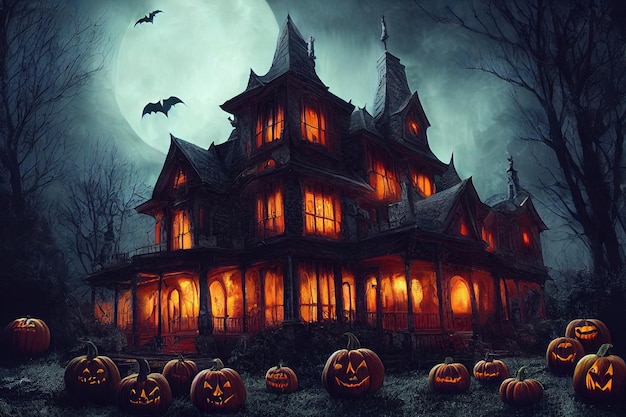 A dramatic mystical Halloween backdrop. A full moon shines in the sky a flock of bats flies.