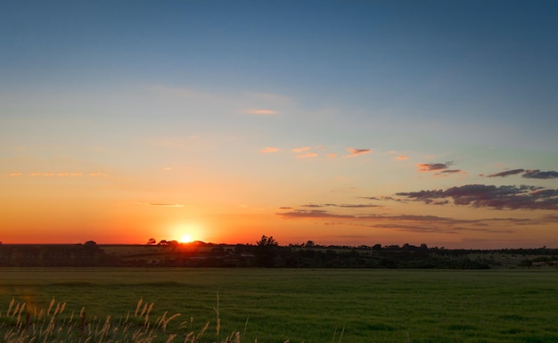 Dramatic Natural Sunset Sunrise Over farm field Countryside Landscape Under Scenic Colorful Sky At Sundown