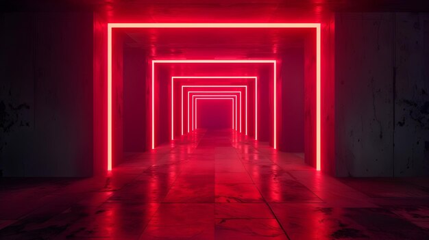 Dramatic NeonLit Minimal Interior with Glowing Red Corridor