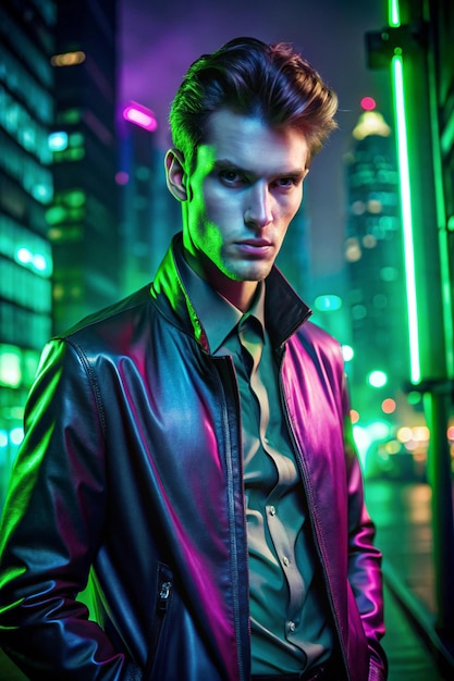 Dramatic night retro wave portrait of a man wearing jacket lit by green neon lightHigh Fashion male model in colorful bright neon lights posing on black city background