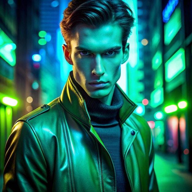 Dramatic night retro wave portrait of a man wearing jacket lit by green neon lightHigh Fashion male model in colorful bright neon lights posing on black city background