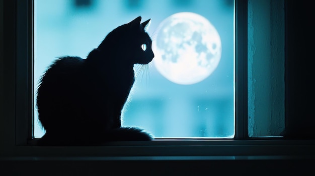 Photo a dramatic night scene of a black cat with glowing eyes sitting on a windowsill silhouetted by the full moon in the background