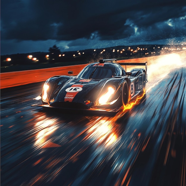 A dramatic night scene of an endurance racing car with headlights blazing on a track