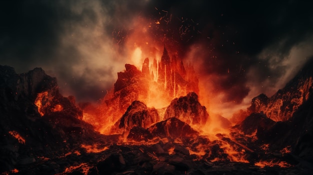 A dramatic night scene of a volcanic eruption