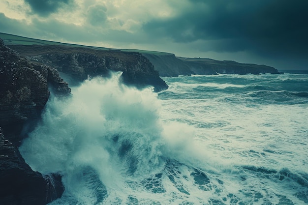 Photo dramatic ocean waves crash against rugged cliffs during a stormy afternoon in coastal beauty