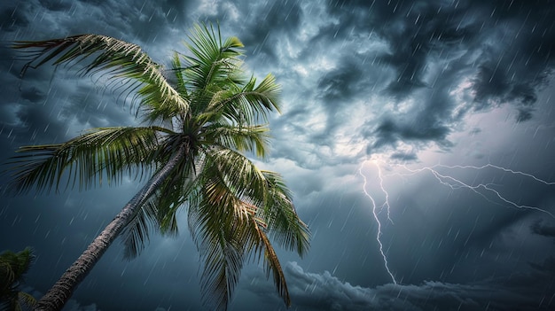 Photo dramatic palm tree in tropical storm sky