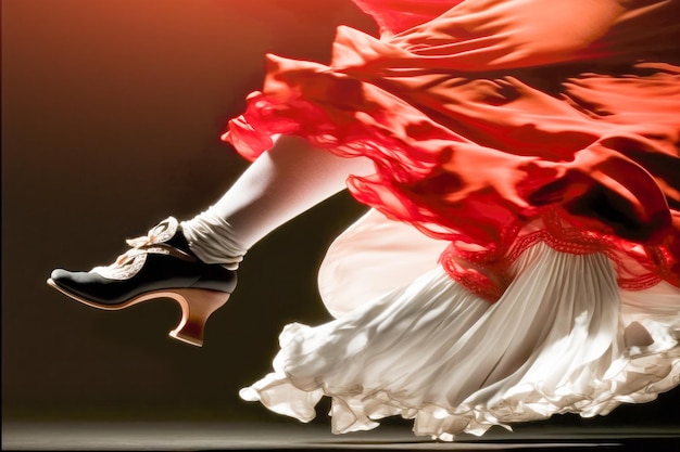 Dramatic and passionate movements of a flamenco dancer legs and shoes as they stomp tap and slide across the stage The intricate choreography of the dance AI generative