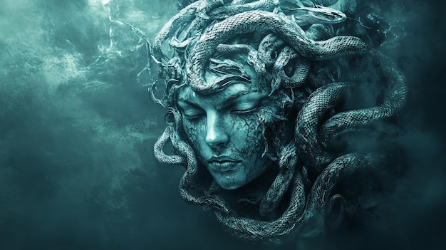 Photo a dramatic portrait of medusa the greek gorgon with snakes for hair and a fierce expression