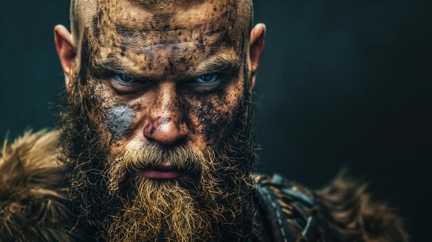 Photo dramatic portrait of a viking warrior with a fierce expression and battleworn attire epitomizing the strength and adventurous spirit of the norse explorers