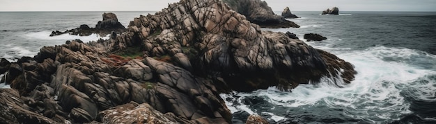 A dramatic rocky outcropping on a coast Horizontal banner AI generated