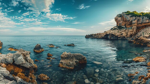 Dramatic Rocky Sea Shore with Calm Water and Cliffs under Blue Sky