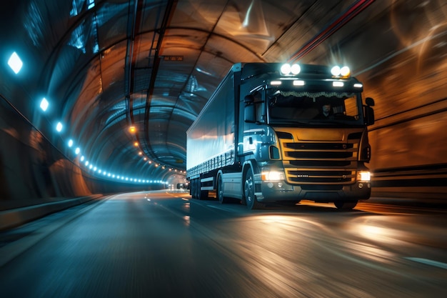 A dramatic rolling shot of a cargo lorry passing through a tunnel with the focus on the illuminated