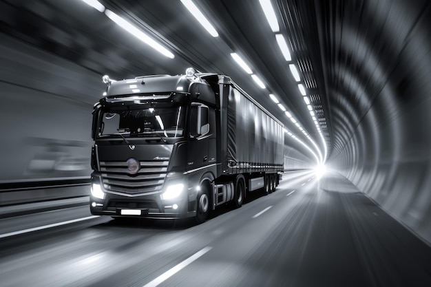 A dramatic rolling shot of a cargo lorry passing through a tunnel with the focus on the illuminated