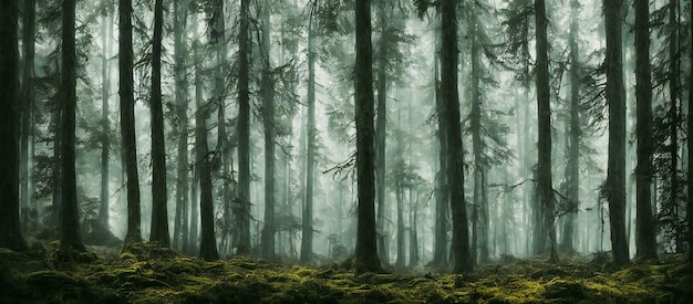 Dramatic, scary dark forest with green bushes, 3d render