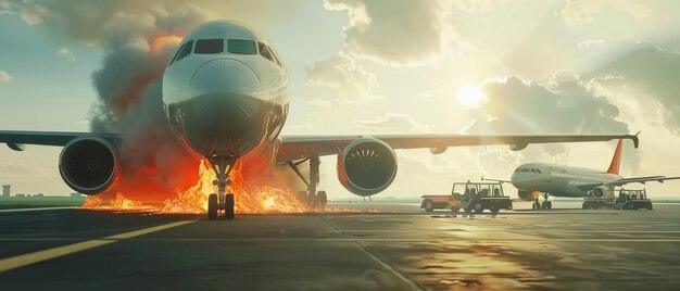 A dramatic scene of an airplane engulfed in flames on an airport runway during a fiery emergency situation