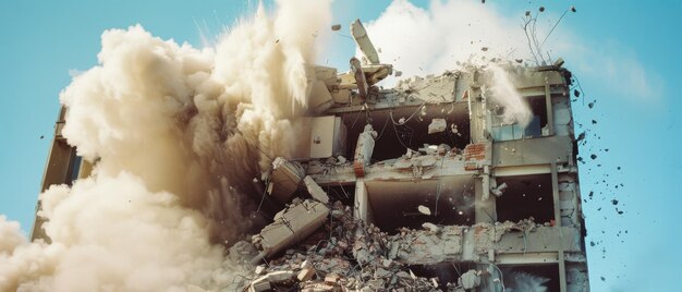 Photo a dramatic scene of a building collapsing in a cloud of dust and debris capturing the raw power of demolition and destruction