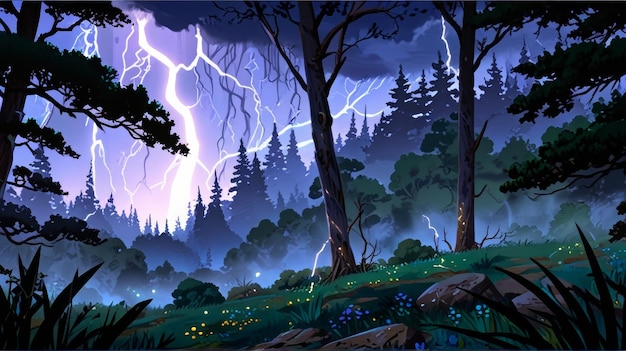 Dramatic scene of a dark forest illuminated by intense lightning