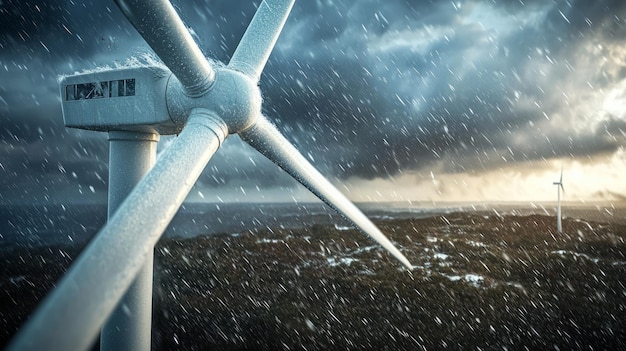 Photo a dramatic scene featuring a wind turbine amidst heavy rain and dark storm clouds