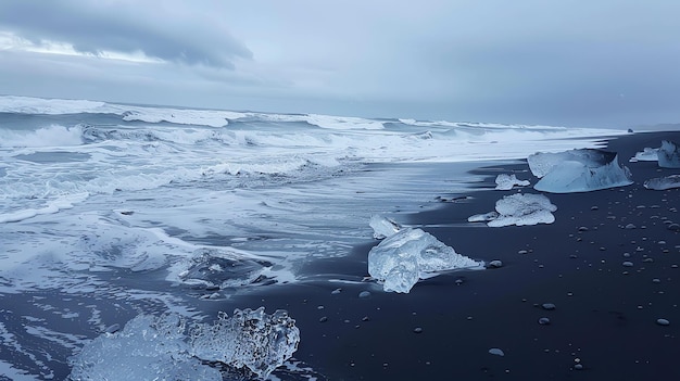 A dramatic scene of ice chunks on a black sand beach with waves crashing in the background