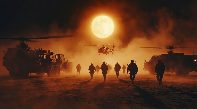 Photo a dramatic scene of modern soldiers walking through ruins with smoke and fire in the background