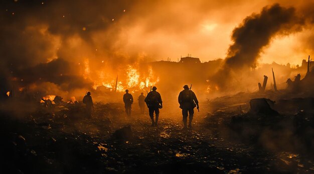 Photo a dramatic scene of modern soldiers walking through ruins with smoke and fire in the background