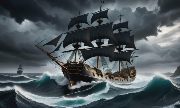 a dramatic scene of a pirate ship navigating through a treacherous storm