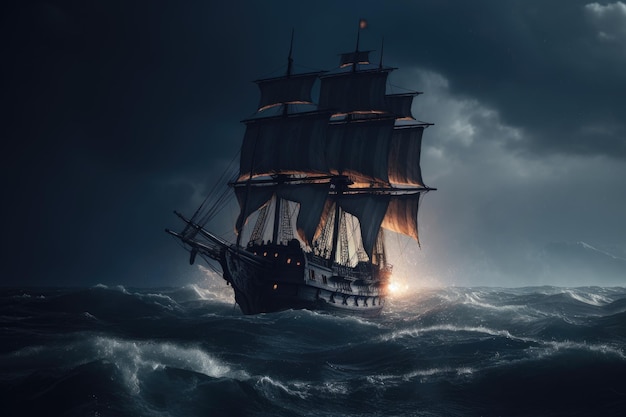 Dramatic scene of A ship in the storm at night with high waves of the ocena