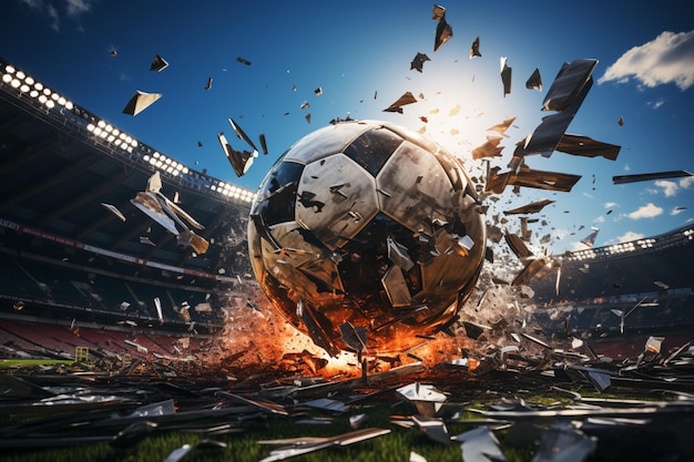 Dramatic scene soccer ball bursts from shattered TV screen in stadium space for impact